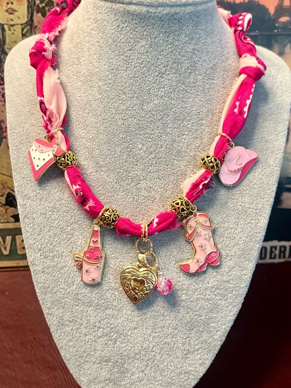 Pink Double Twist Bandana Charm Choker Gold Heart Locket Western Charms, 24”
